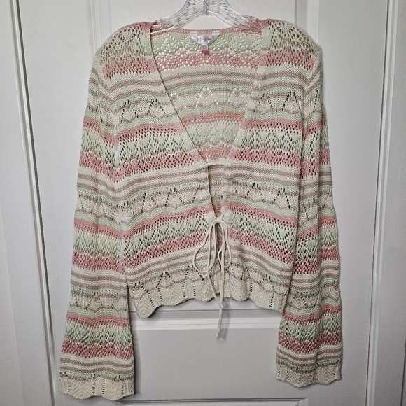 Boho Pastel Crochet Tie Front Cardigan Sweater XL Cottagecore Spring Bohemian - Picture 2 of 12